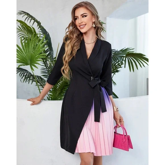 CHICME Blazer Ombré Pleated Wrap Knee Length Dress NWOT - Picture 2 of 15